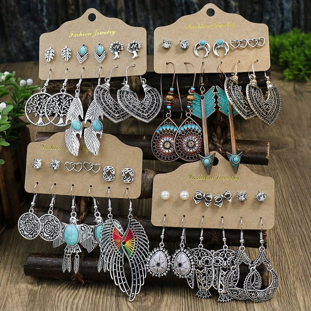 Vintage Boho Earrings Set with Hollow Heart, Leaf, Feather, and Turquoise Jewelry - Perfect Gift for Women and Girls