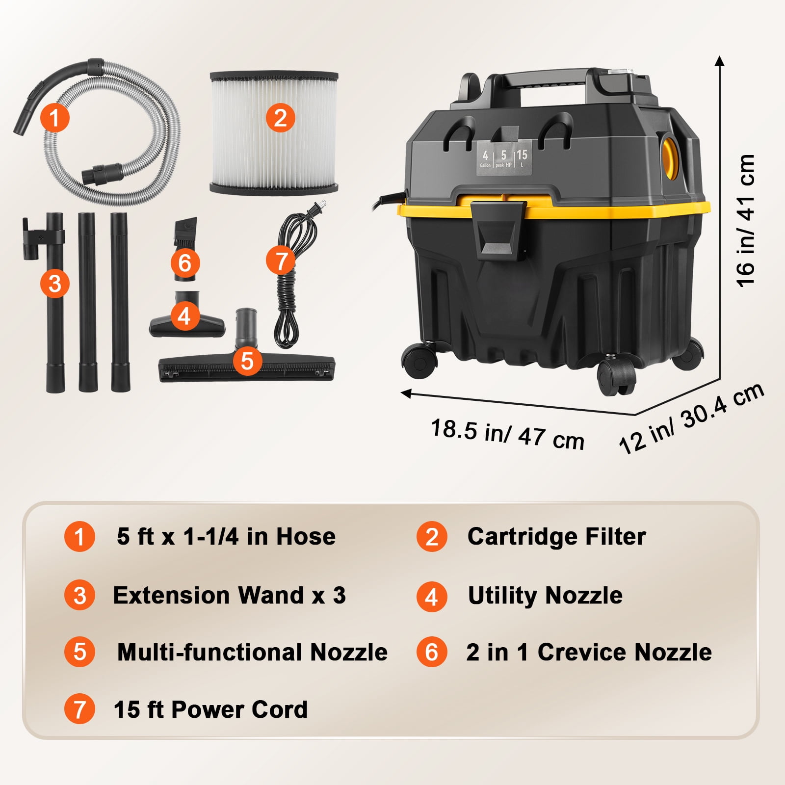 BENTISM Wet Dry Vac, 4 Gallon, 5 Peak HP, 3 in 1 Shop Vacuum with Blowing Function, Portable with Attachments to Clean Floor, Upholstery, Gap, Car, ETL Listed, Black/Orange