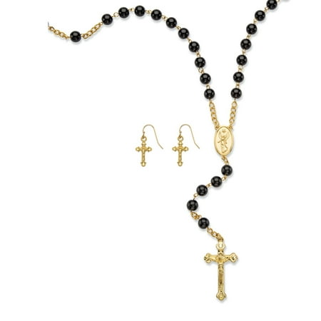 - Genuine Black Onyx 2-Piece Beaded Rosary Necklace and Cross Earrings Set in Gold Tone 34