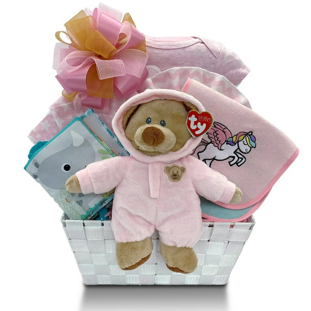 Panier cadeau nouveau-né fille avec grenouillère, peluche, jouets, tirelire  et cadre photo 