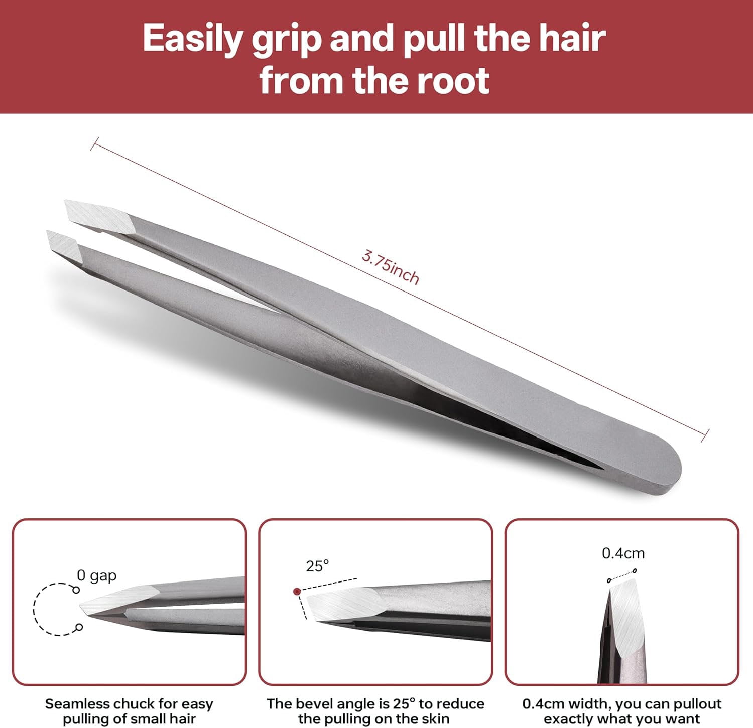 Eyebrow Tweezers, Precision Slant Design with Comfortable Handle and Travel Case