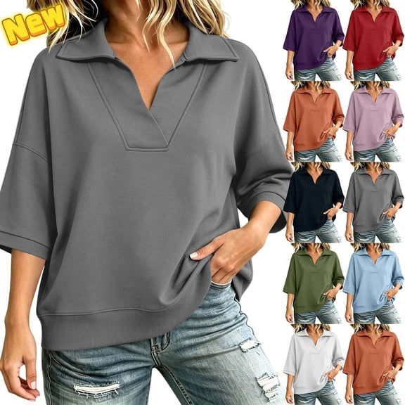 Taqqpue Women's Sweatshirt 3/4 Sleeve Lapel Half Zip Up Sweatshirt Solid Color Oversize Hoodless Hoodies Loose Fit Casual Pullover Tops with Pockets for Women
