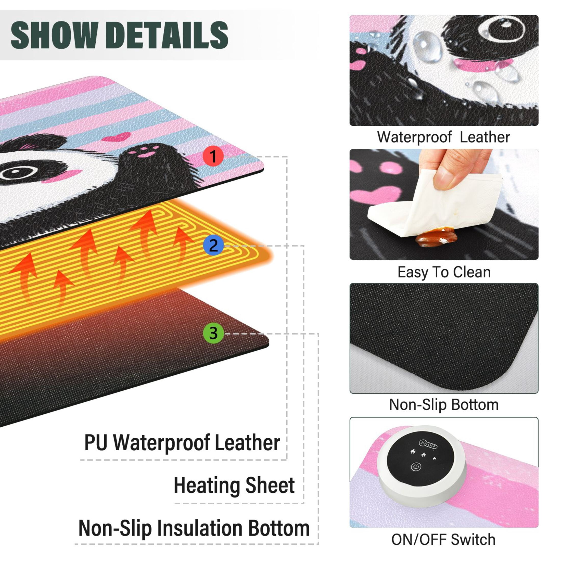 Large Heated Desk Mat Mouse Pad 31.5"x13"PU Leather Graphene Heating Desk Warmer with 3 Temperature Settings 110V US Plug Non-Slip Warm Pad for Home, Office, and Gaming Adorable Panda Love Design