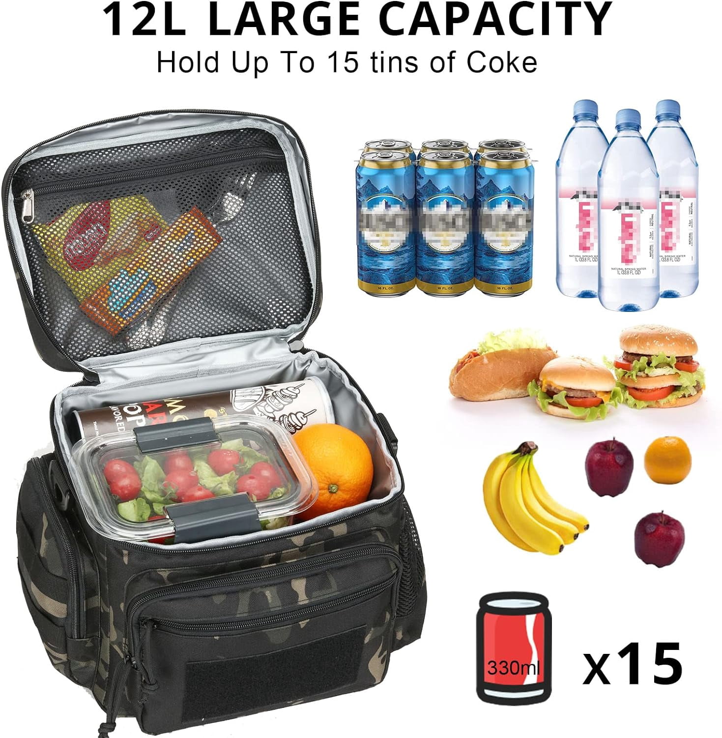 TRIPGEAR Lunch Box for Men, Mens Lunch Bag with Webbing Leakproof Insulated Large Capacity Cooler Bag with Adjustable Shoulder Strap(12.3L Camo-Black)