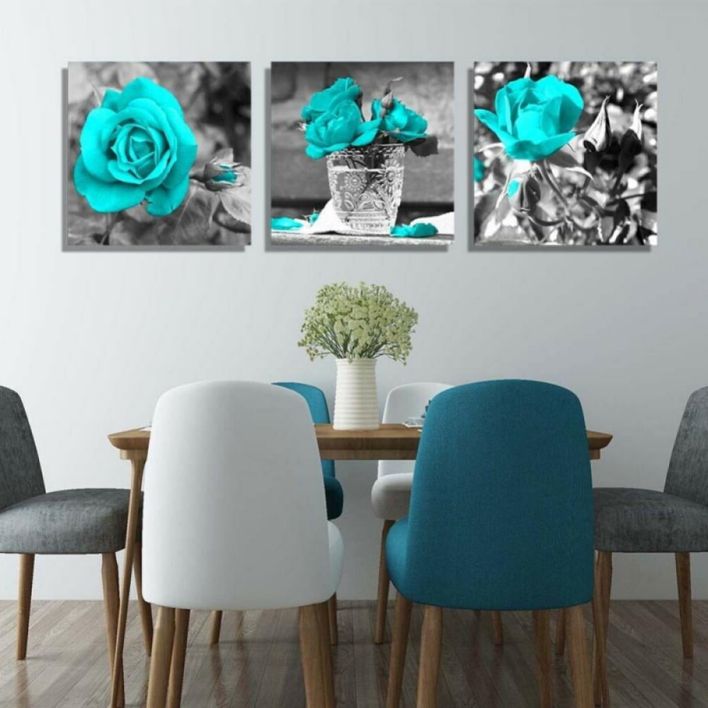 Turquoise Wall Decor 3 Piece Canvas Wall Art Teal Blue Rose Flowers Pictures Painting Unframed Artwork for Gallery Bedroom Bathroom Living Room, 12x12"