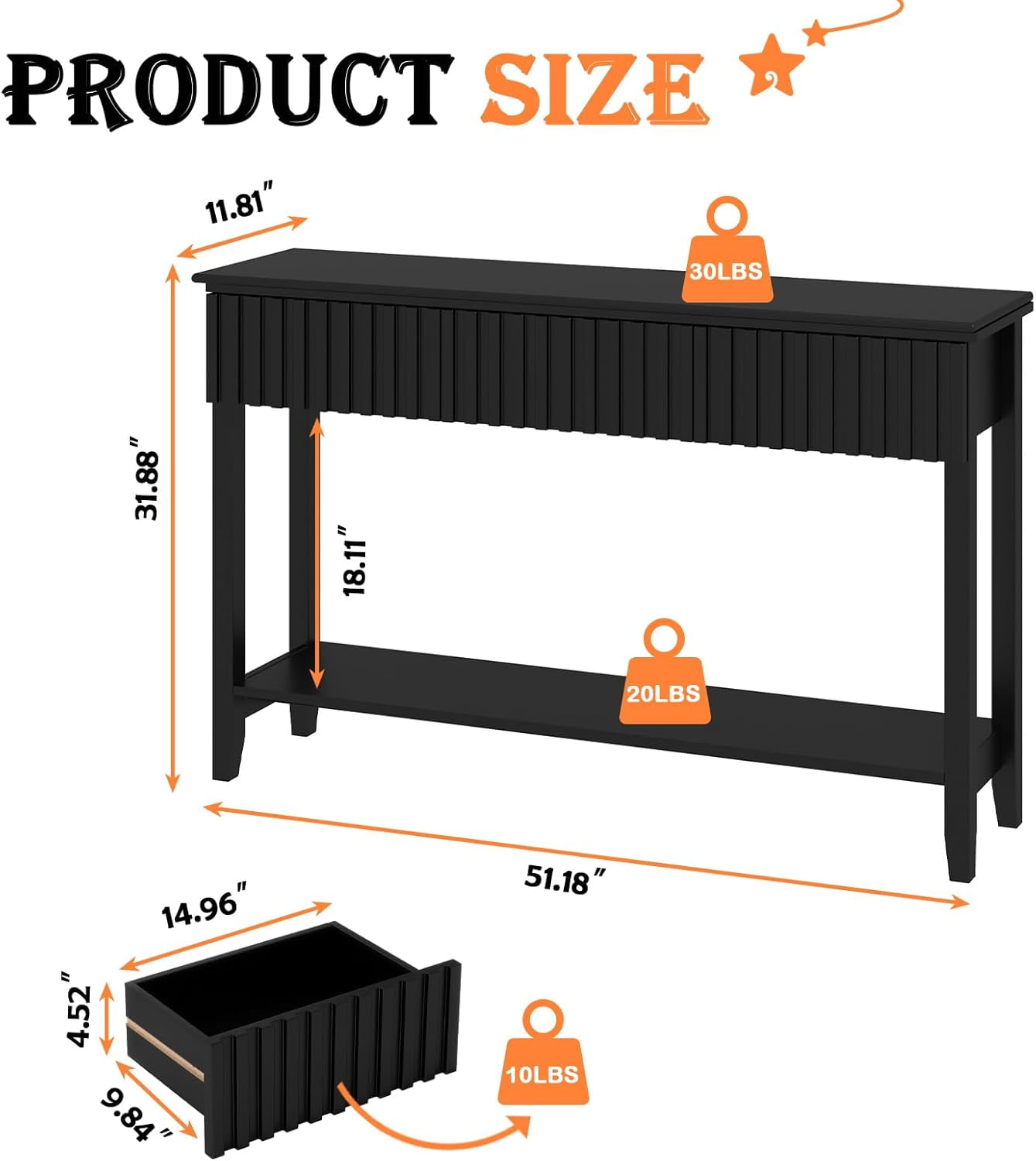 Coewske Narrow Console Table Painted Wood Long Sofa Entryway Table w/ 3 Drawers & Open Shelf Black