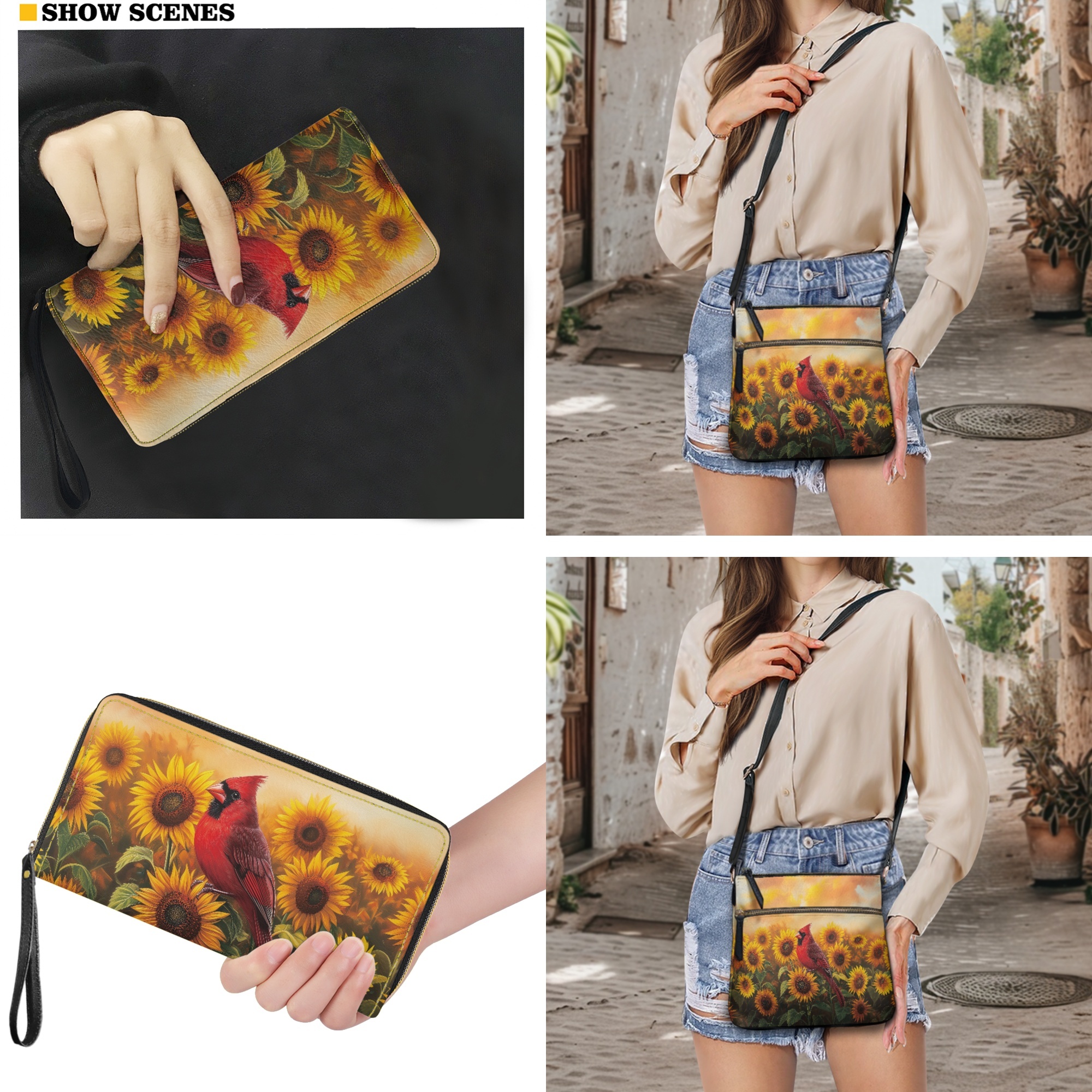 ZUXONGSY Cardinal Sunflower Print Stylish PU Leather Crossbody Purse & Wallet Set for Women, Large Satchel Handbag with Adjustable Strap for Travel & Work for Daily Use