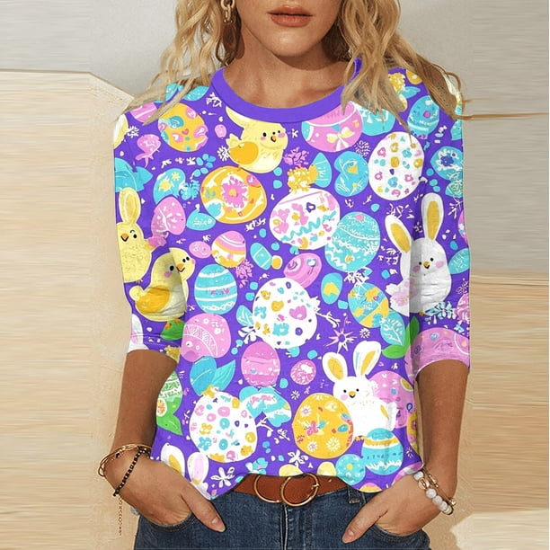 TaTaai Women Easter Theme Print T-Shirt Crew Neck 3/4 Sleeve Loose Casual Pullover Top Ladies Spring Daily Holiday Outfit Lightweight Soft Non-See-Through Machine Washable Top Gift