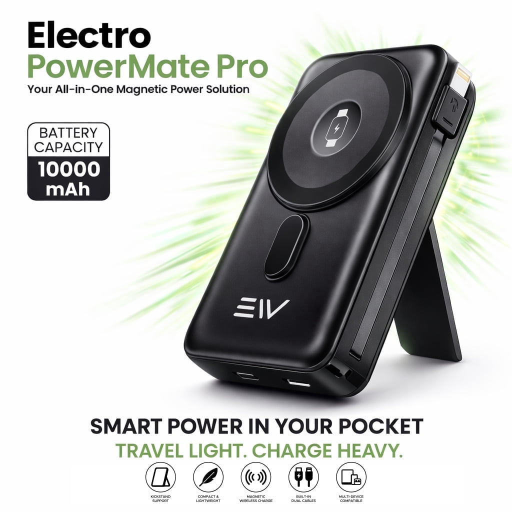 Electronic World 10000mAh MagSafe Power Bank,Magnetic Wireless Portable Charger for iPhone & Apple Watch,Built In Cables Kickstand,Wireless Battery Pack,Portable iPhone Charger