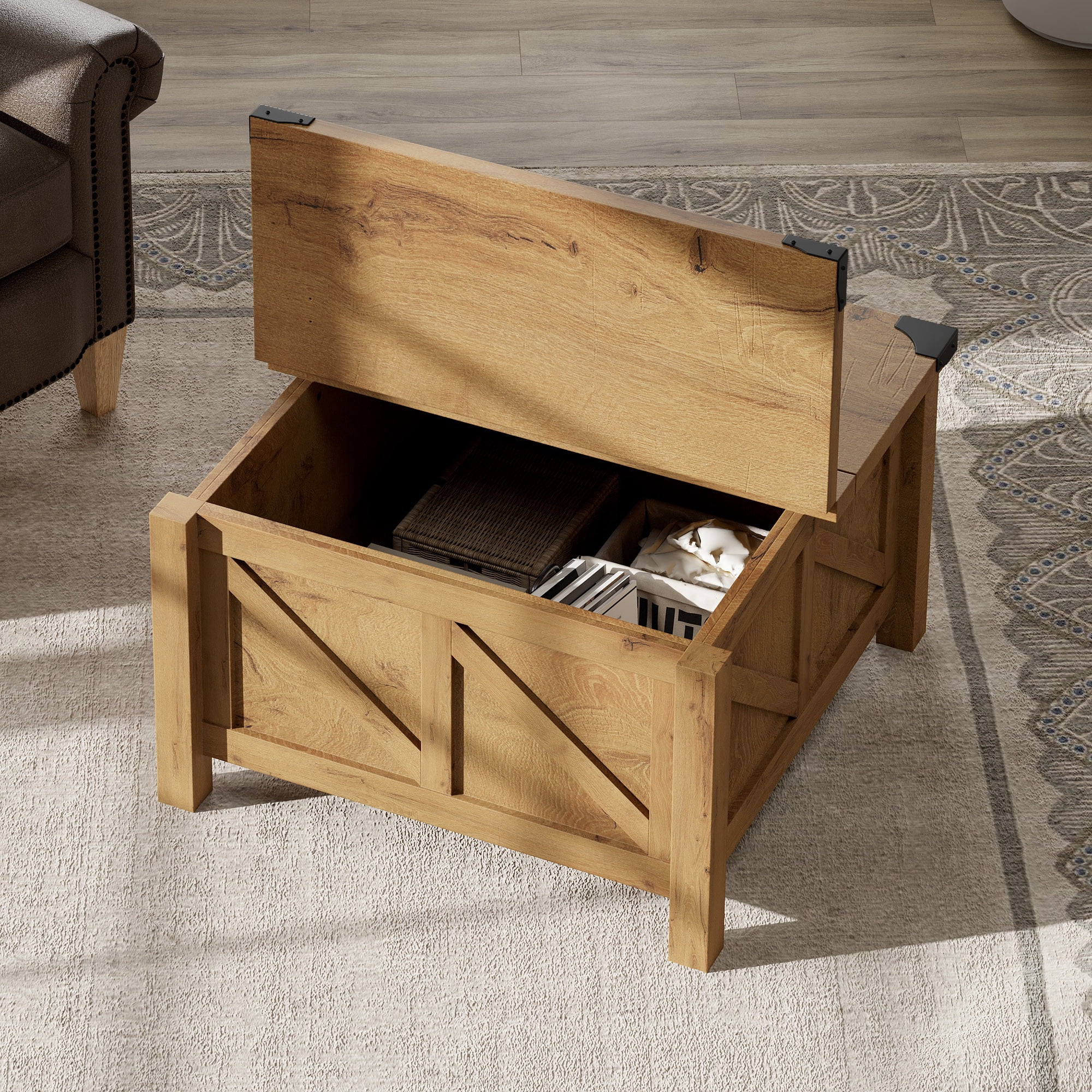 WAMPAT Farmhouse Square Coffee Table with Storage for Living Room,30 inch Z-shaped Wooden Strips Center Table with Flip-Top for Large Hidden Storage, Metal Wrapped Table Corners,Oak Brown