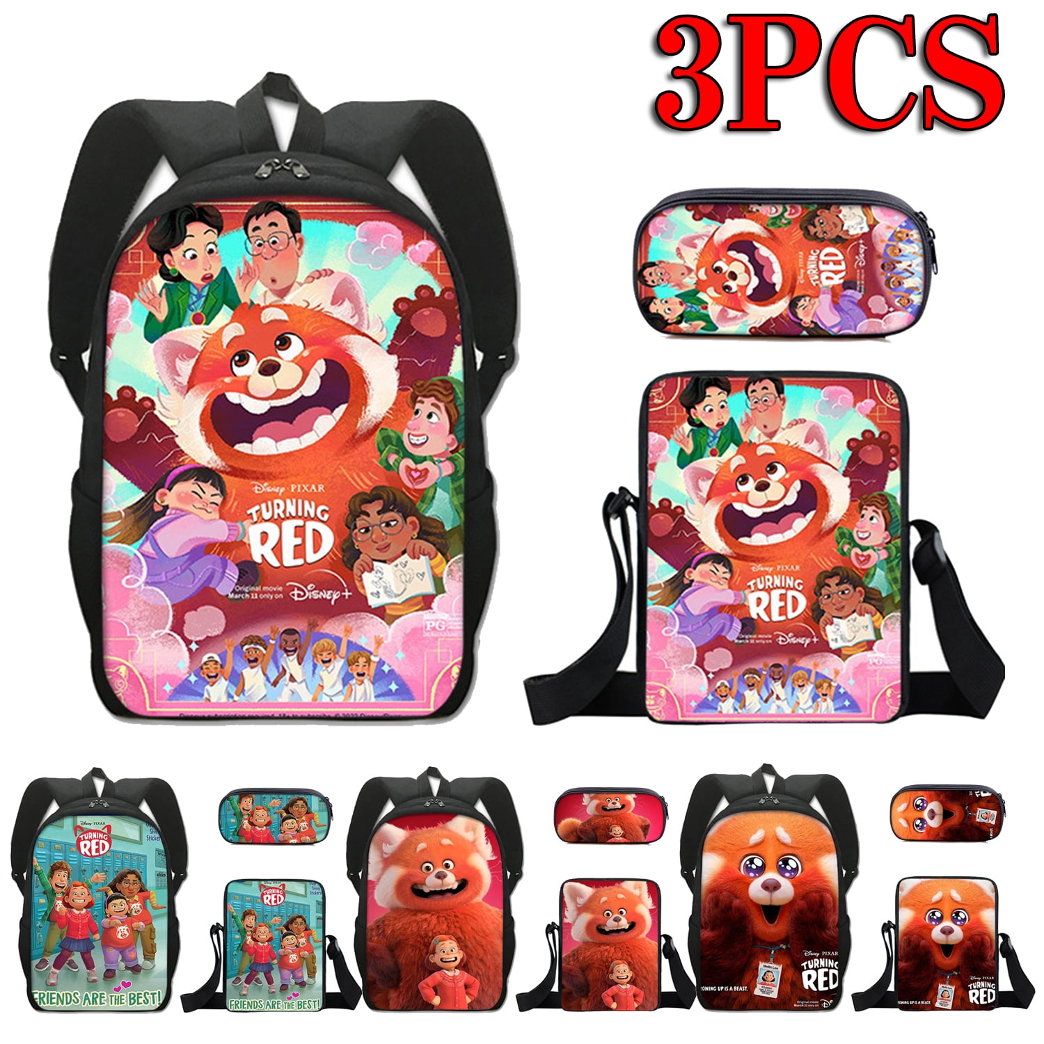 3pcs Kawaii Turning Red Backpack for Children Boys Girls Travel Laptop School Bags with Crossbody Bags Pencil Box (#4), Kids Unisex