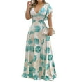 thumbnail image 2 of Women Elegant V Neck Lotus Leaf Short Sleeve Flower Print High Waist Long Dress, 2 of 7