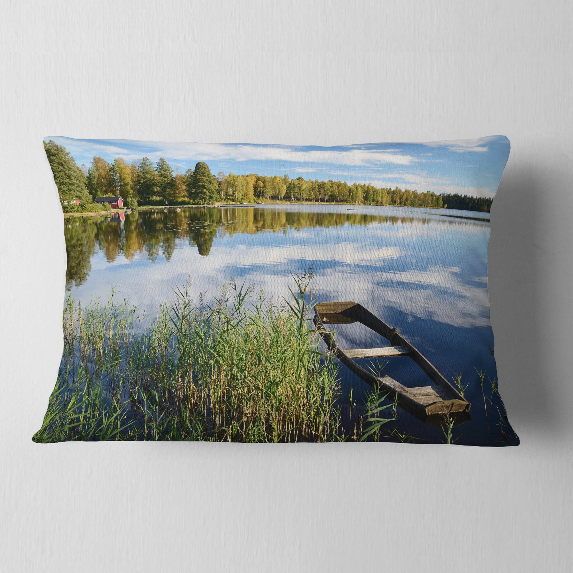 Designart Beautiful Swedish September Lake - Landscape Photography Throw Pillow - 12x20