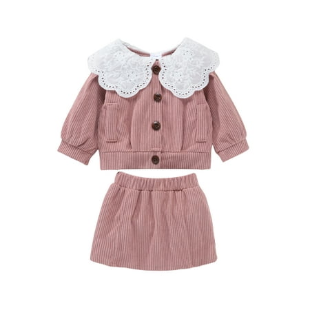 

Infant Girls Ribbed Outfits Button-down Ruffled Collar Long Sleeve Cardigan with Skirt