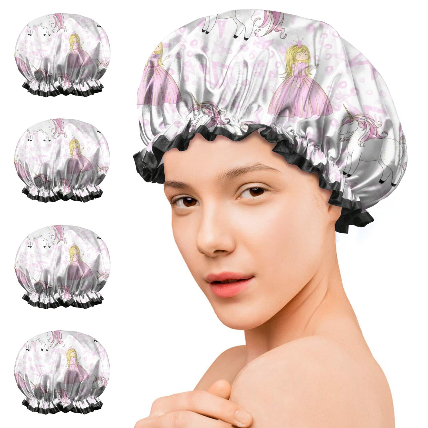 Shower Caps,Princess Unicorn Pattern Waterproof Shower Cap for Women 4 Pieces,Double Reusable Hair Cover for Shower PEVA Elastic Stretch Hem