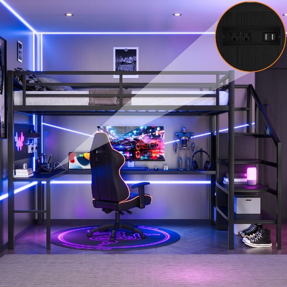 Full XL Size Loft Bed  Frame with L-shaped Desk and USB, High Loft with LED Metal Loft Bed Frame with Wardrobe and Adjustable Shelf for Bedroom, Apartment, Mattress not included, Black