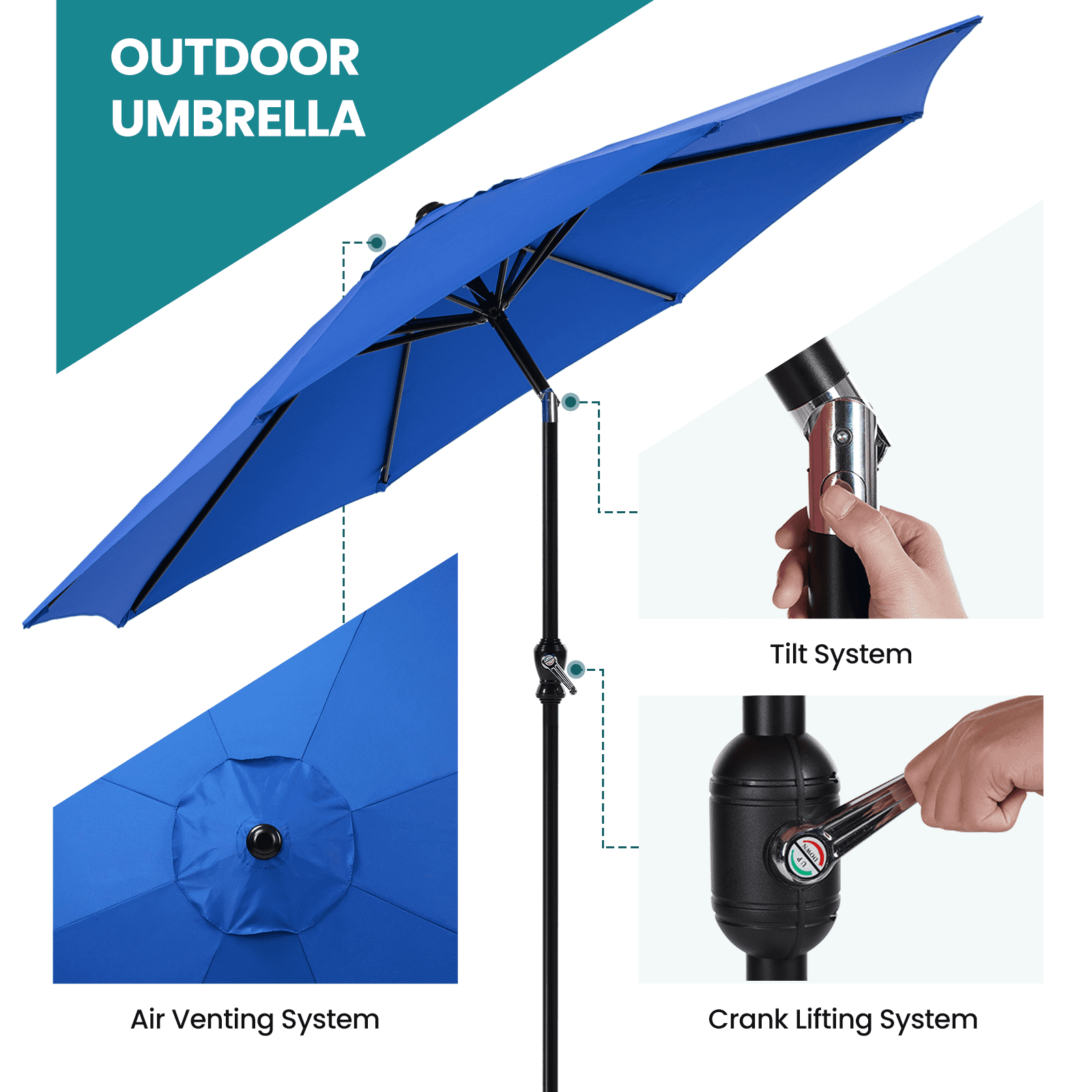 MAYEERTY Outdoor Patio Umbrella - Push Button Tilt & Crank, 8 Sturdy Ribs, UV Protection & Waterproof for Garden/Backyard