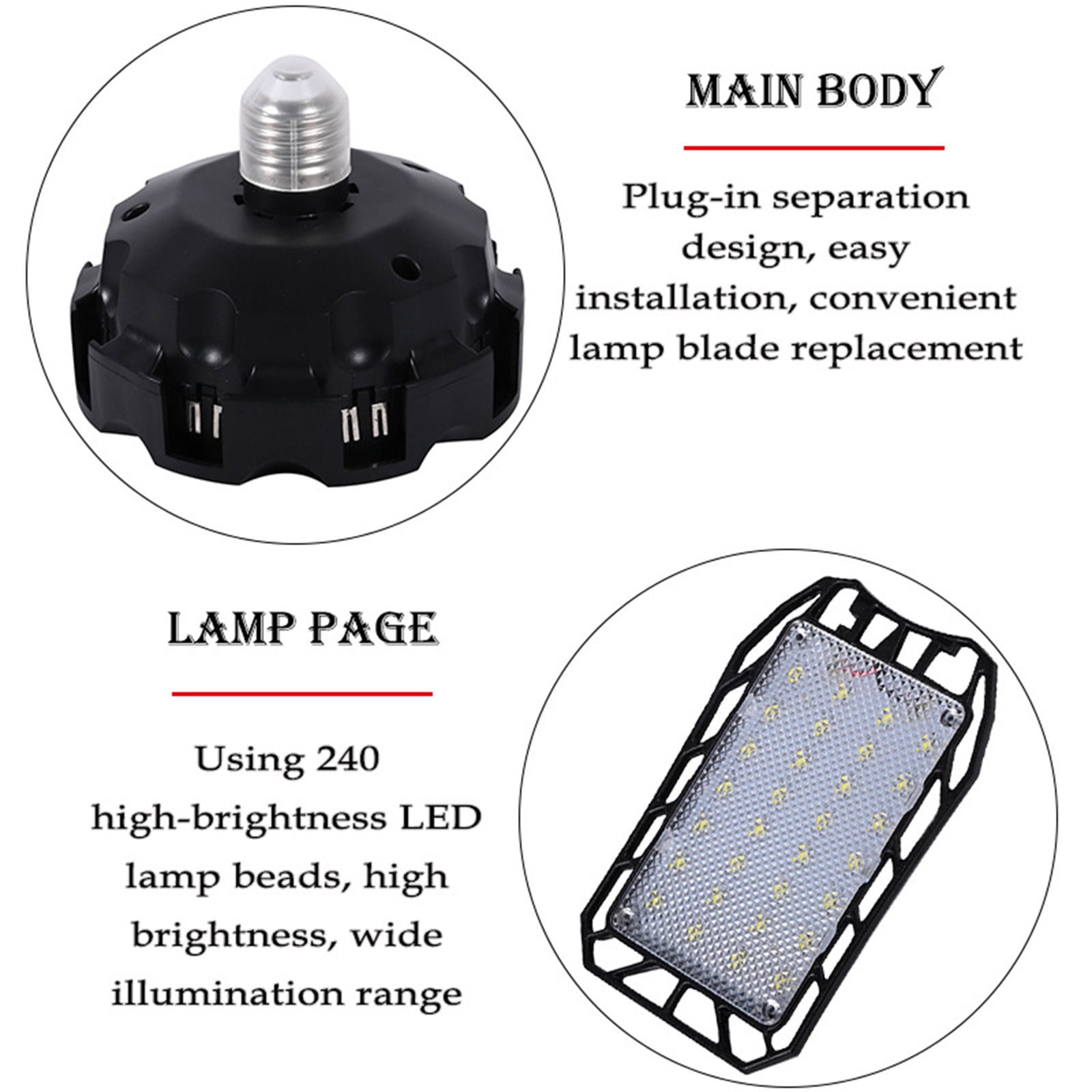 Ceshu 2-Pack Deformable LED Garage Light – 60W, 6000LM, 6500K Daylight, 4 Adjustable Panels, 180° Rotation, E26/E27 Base, 50,000-Hour Lifespan