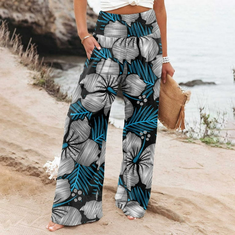 SSAAVKUY Women Trendy Casual Printing Pockets Elastic Waist Full Length  Long Pants Comfortable Straight Loose Pants Trendy Comfy Loose Fit Casual