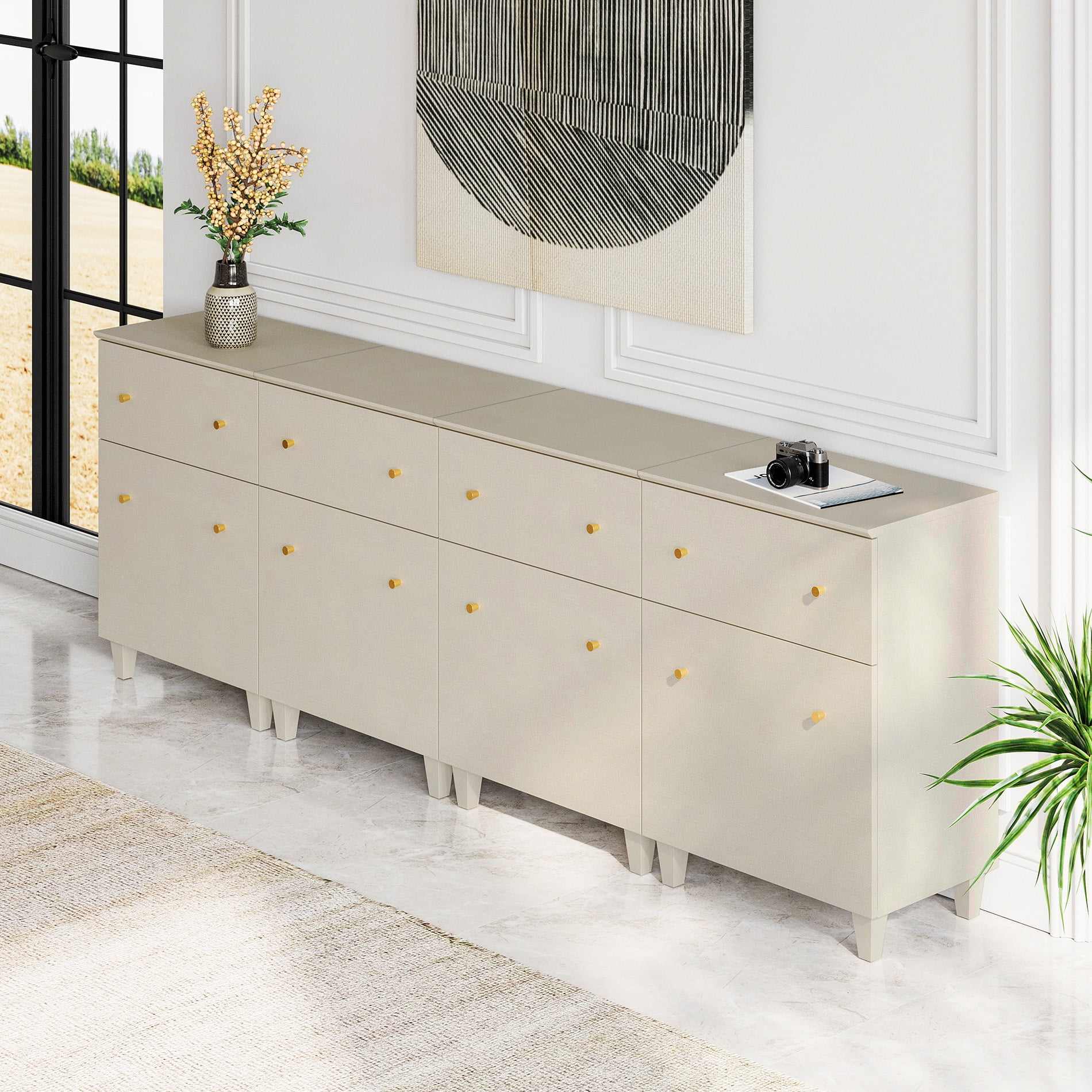 WAMPAT 4-in-1 Wood Dresser with 4 Drawers and 4 Cabinets for Bedroom, Modern Chest of Drawers, 94" Wide, Beige Linen Printed Finish