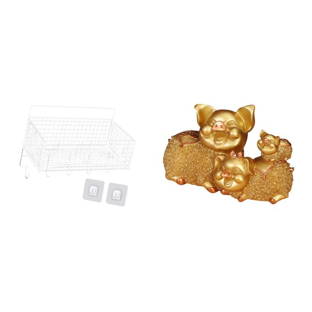 Cesta de almacenamiento colgante,Cesta de almacenamiento para gabinete organizador de pared colgante,Figura de escritorio,Figura de cerdo de la suerte para decoración de escritorio de oficina