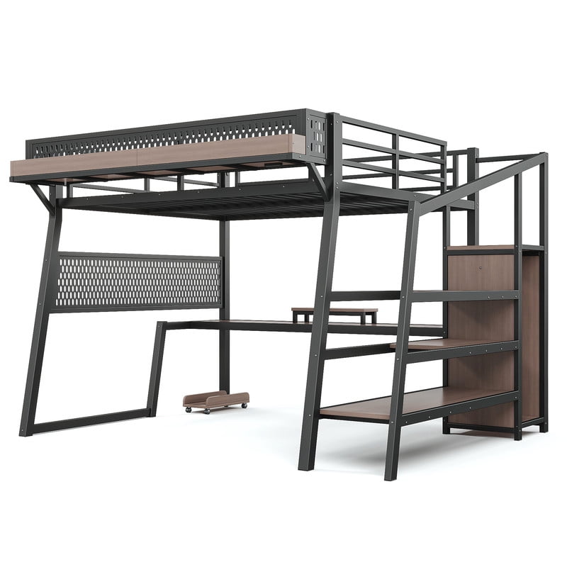 Queen Size Teens Loft Bed with Storage Stairs & Wardrobe, Metal Gaming Bed Frame with Pegboard, LED Lights & Power Outlet