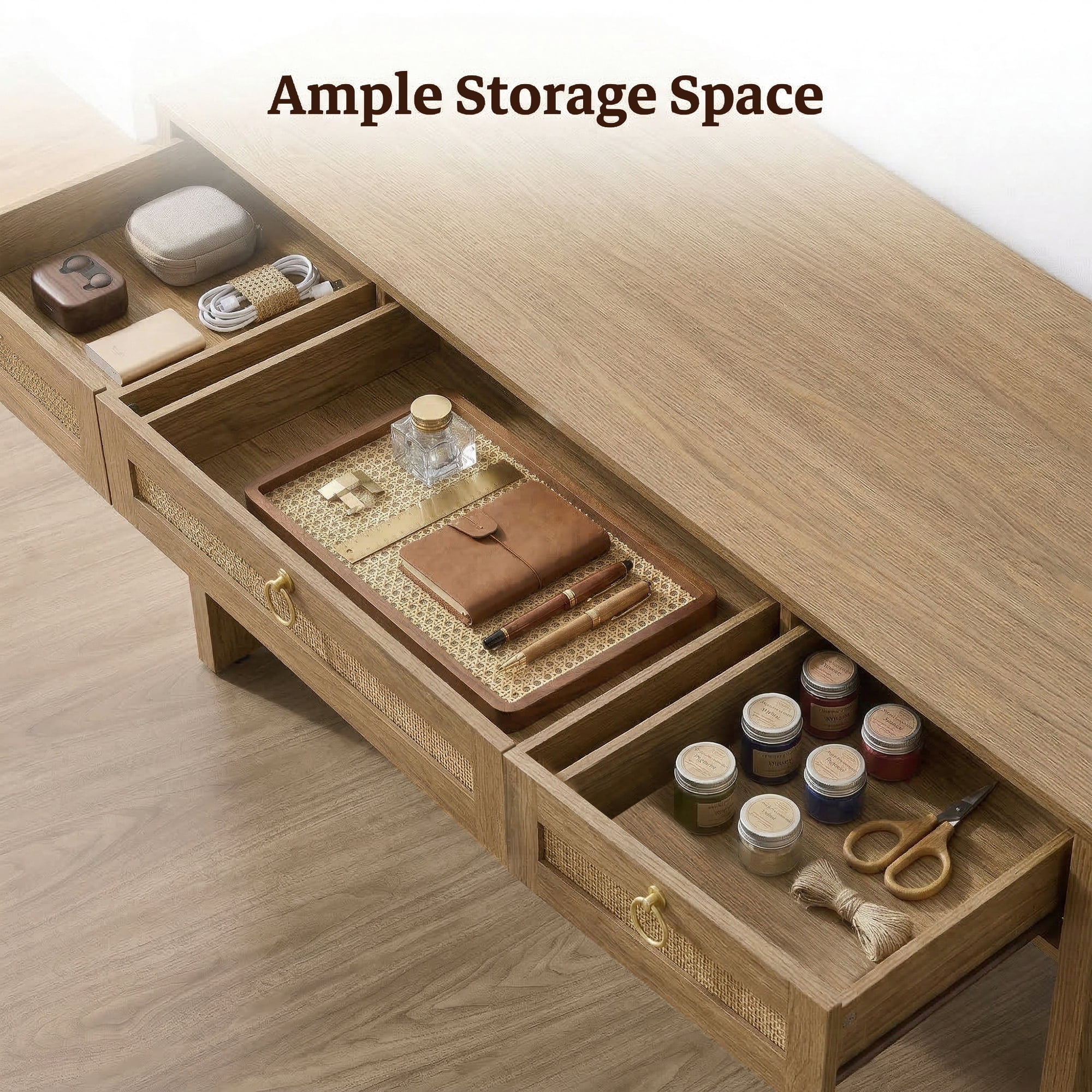 SICOTAS 59.05" W Home Office Computer Desk with Ample Storage，Boho Writing Desk with 3 Spacious Drawers & Unique Rattan Decor, Farmhouse Coastal Classic Style, Cherry Oak,