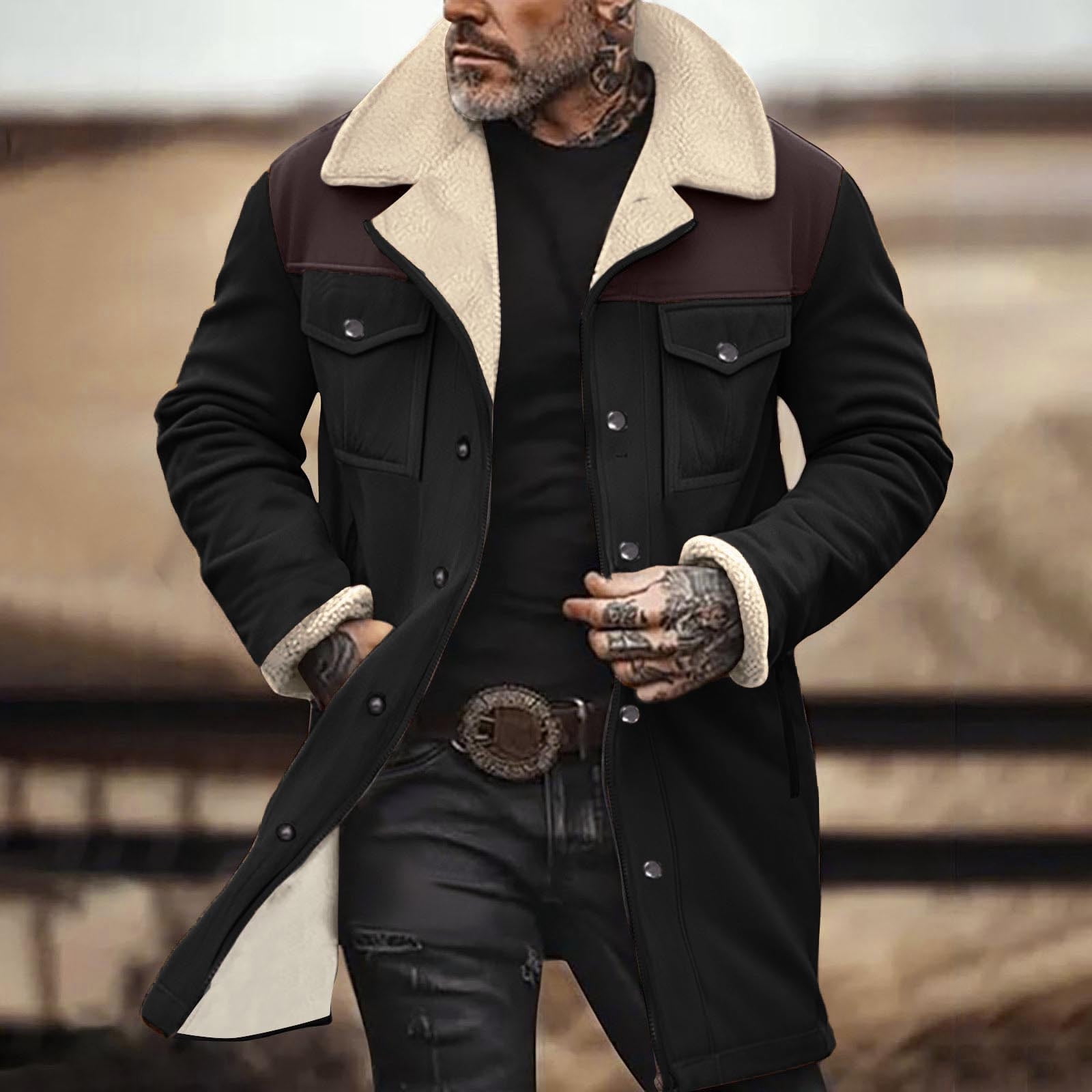 AnuYalue Western Jackets for Men Lapel Faux Leather Coats Casual Patchwork Winter Overcoat Vintage Cowboy Coat with Pockets
