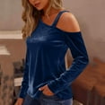 thumbnail image 3 of Off The Shoulder Tops, Velvet Casual Solid Color Spliced Off Shoulder Long Sleeve, Women's Top, 3 of 8