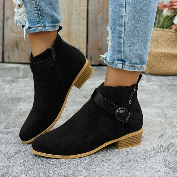 Bnwani Boots for Women Fall Winter Fashion Mid-Heel Thick Chunky Mid-Calf Versatile Casual Boot Black Size 5.5