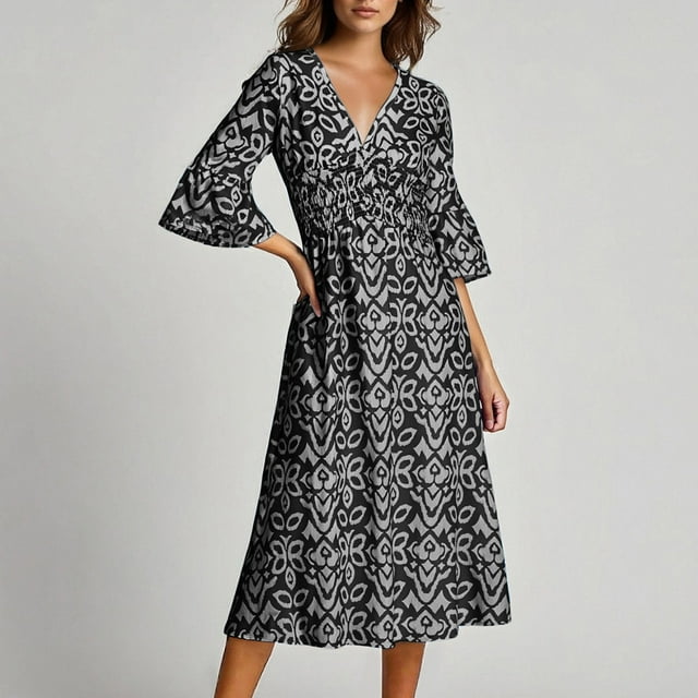 Pisexur Robes Femmes Belle Robe d'Été pour Femmes, Mode Femmes Été Décontractée Col en V Manches Courtes Imprimé Longue Robe Noir, 2TG