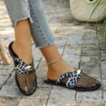 thumbnail image 3 of Rokment Womens Metallic Buckles Dressy Mules Backless Sandals Fashion Casual Leopard Leather Fishnet Mesh Patchwork Closed Toe Flat Slip on Summer Shoes Black Size 6.5, 3 of 6