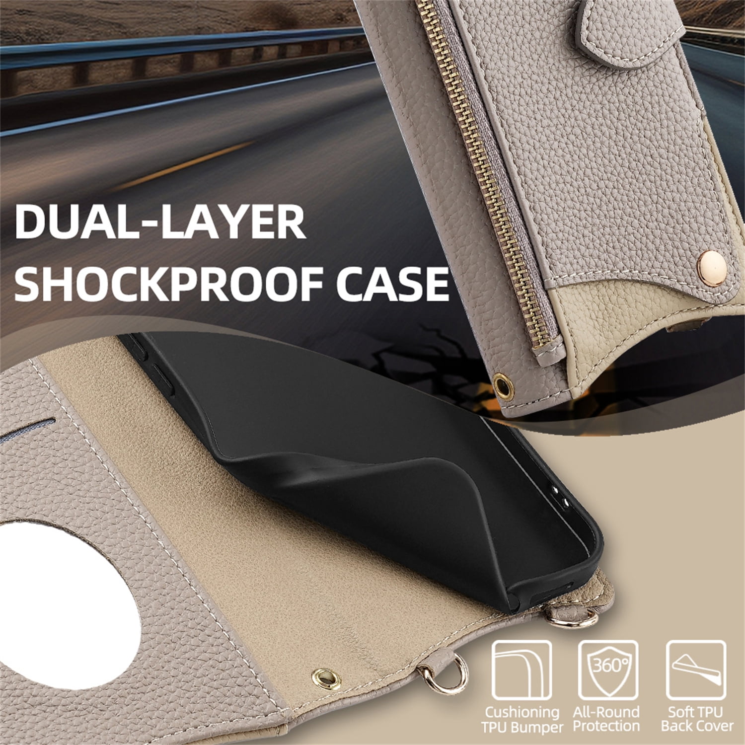 Allytechgroup Flip Wallet Phone Case for Motorola Edge (2025) with Credit Card Slot, Shoulder Strap PU Leather Zipper Wallet Phone Case Shockproof Full Body Cover Rugged for Women Girls, Gray