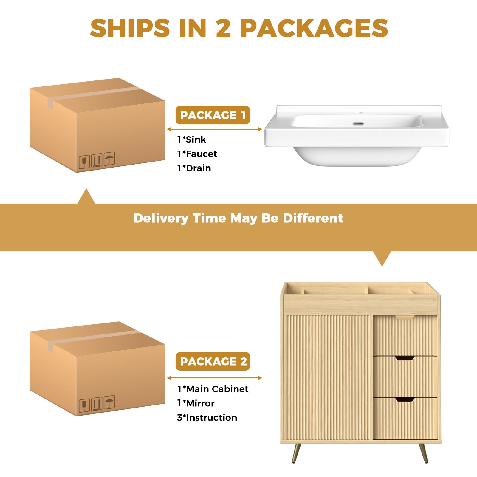 PPorfamilia Bathroom Vanity Cabinet with Ceramic Sink, Faucet and 3 Drawers, Natural