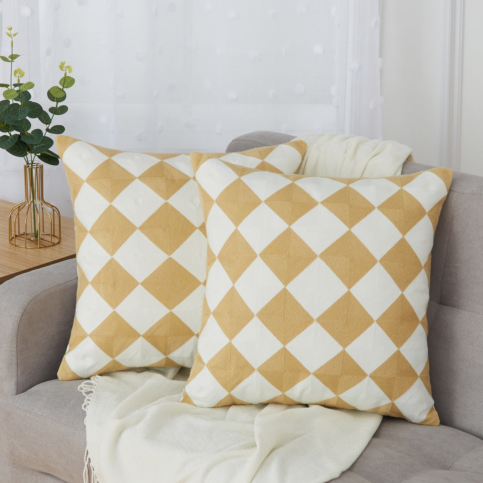 Beige and White Embroidered Checkered 20" Pillow Covers, Set of 2