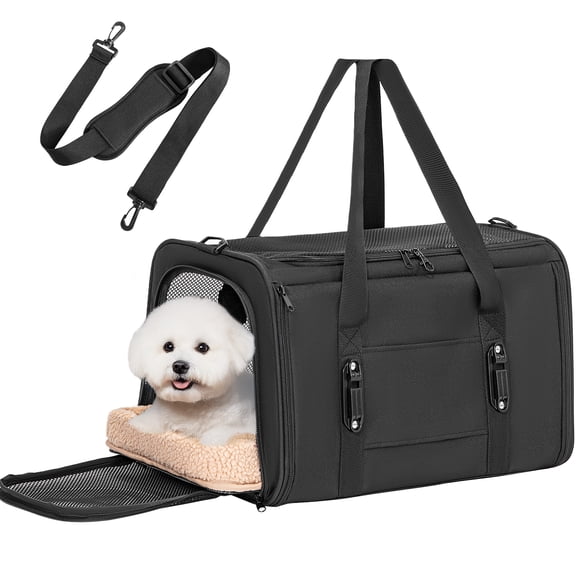 Petsfit Cat Carrier , Lightweight Collapsible Cat Carrier for Travel, 4-Sided Breathable Mesh, Locking Zipper and Washable Fleece Pad Black
