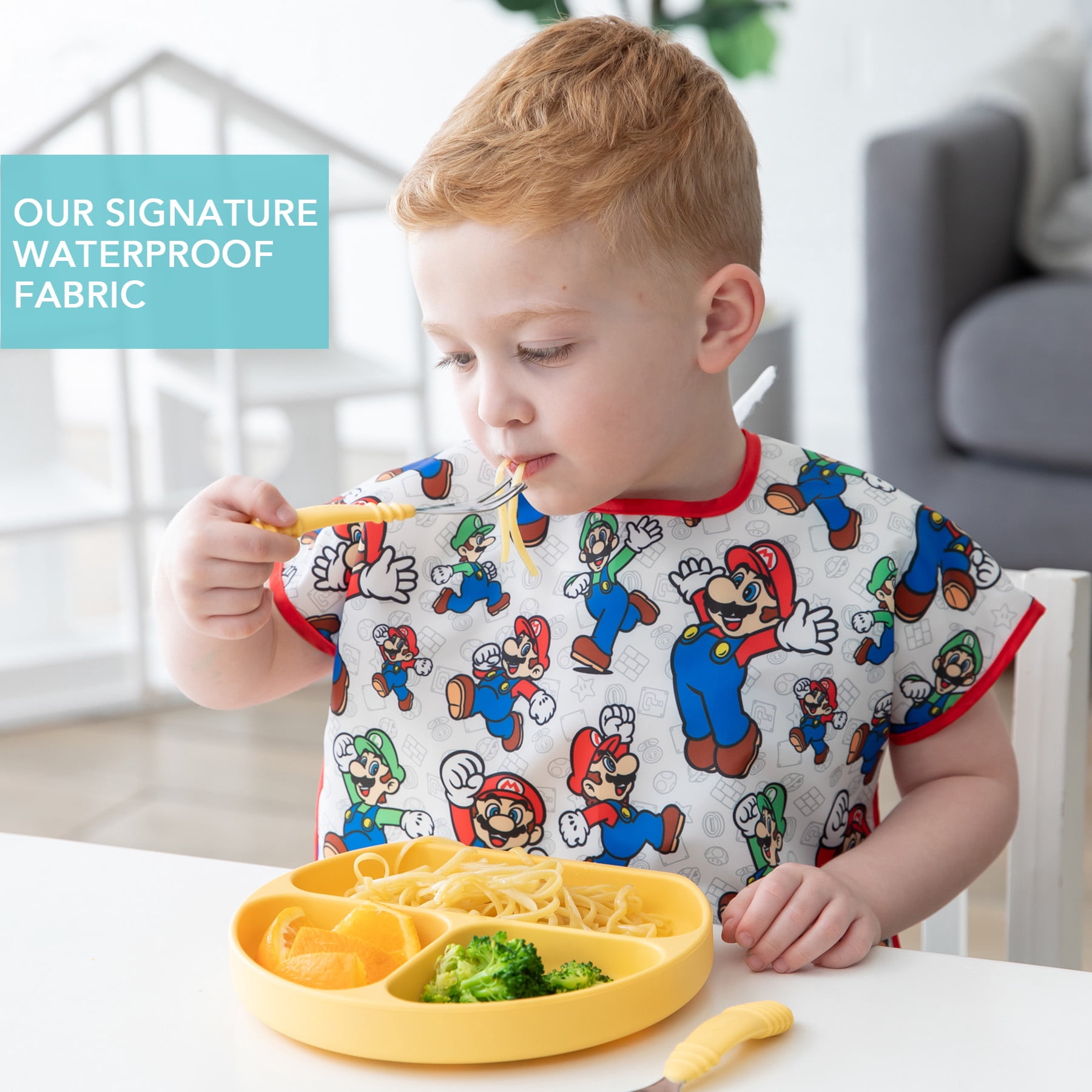 Bumkins Short Sleeve Junior Bib, Toddler Ages 1-3 Years (Nintendo Super Mario)