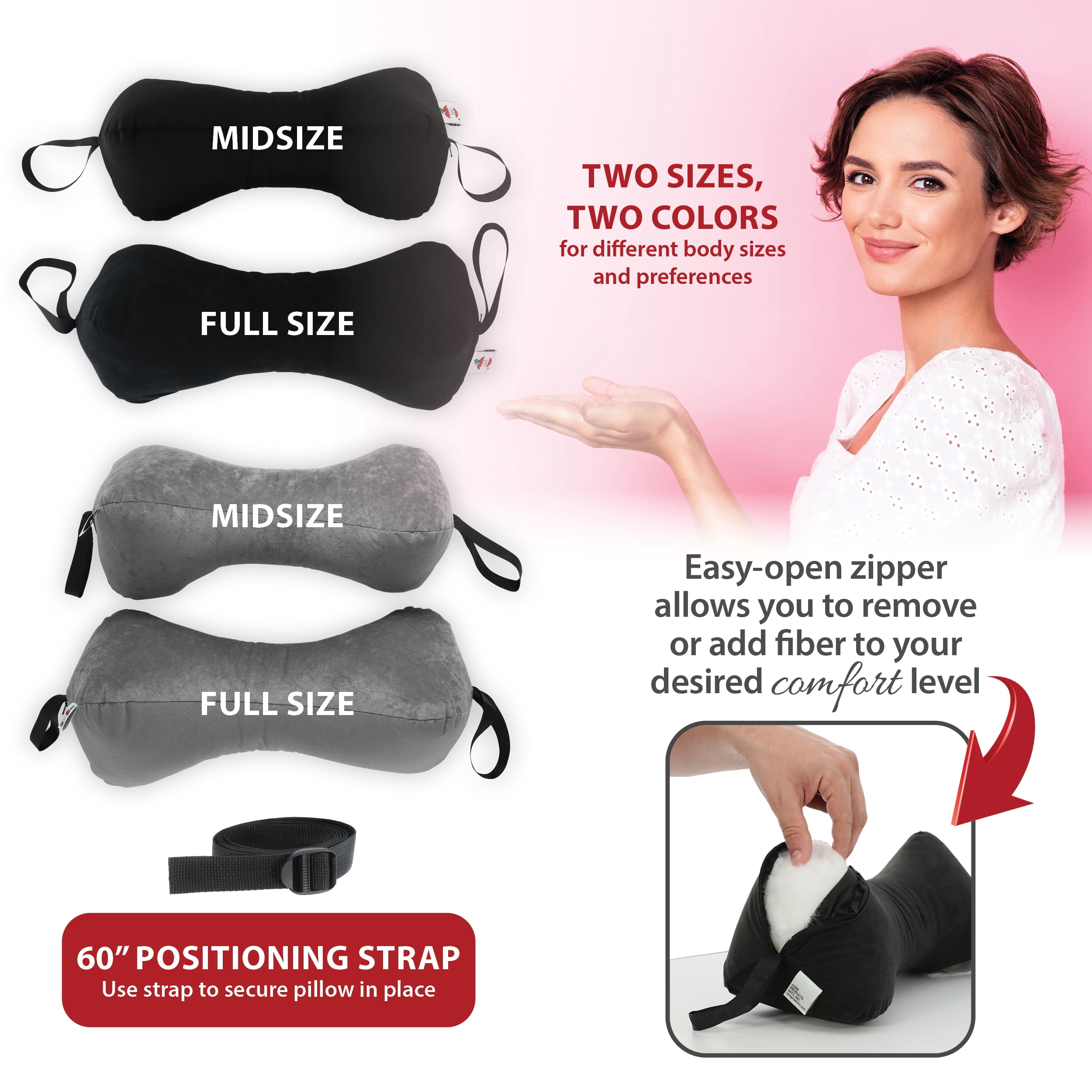Sleep Log Bone Shaped Chiropractic Neck and Back Pillow for Cervical Support, Adjustable Firmness, Midsize - Travel or Use at Home, 13" x 6" x 6", 60" Strap