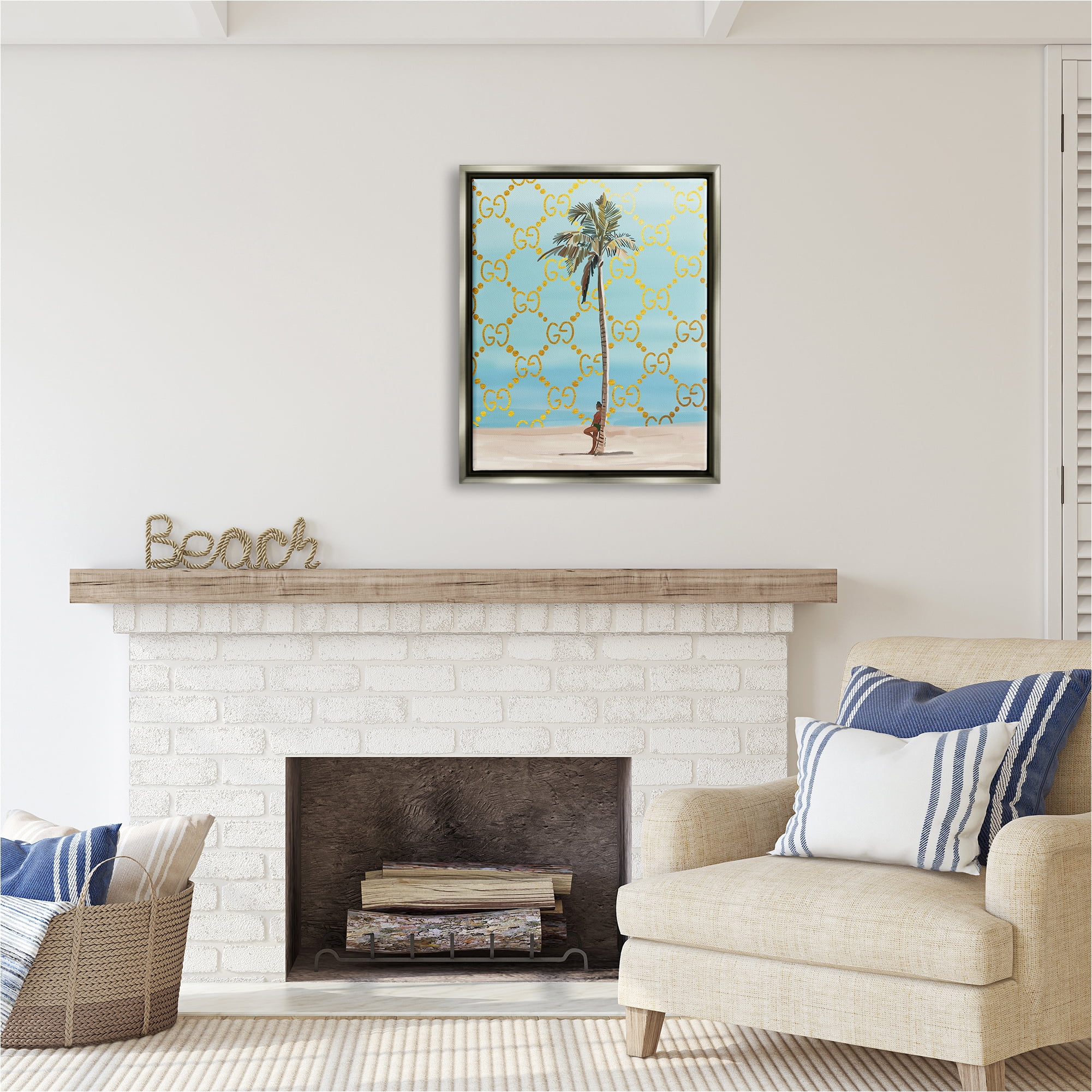 Stupell Industries Glam Pattern Palm Tree Botanical & Floral Painting Gray Floater Framed Canvas Art Print Wall Art, 25 x 31