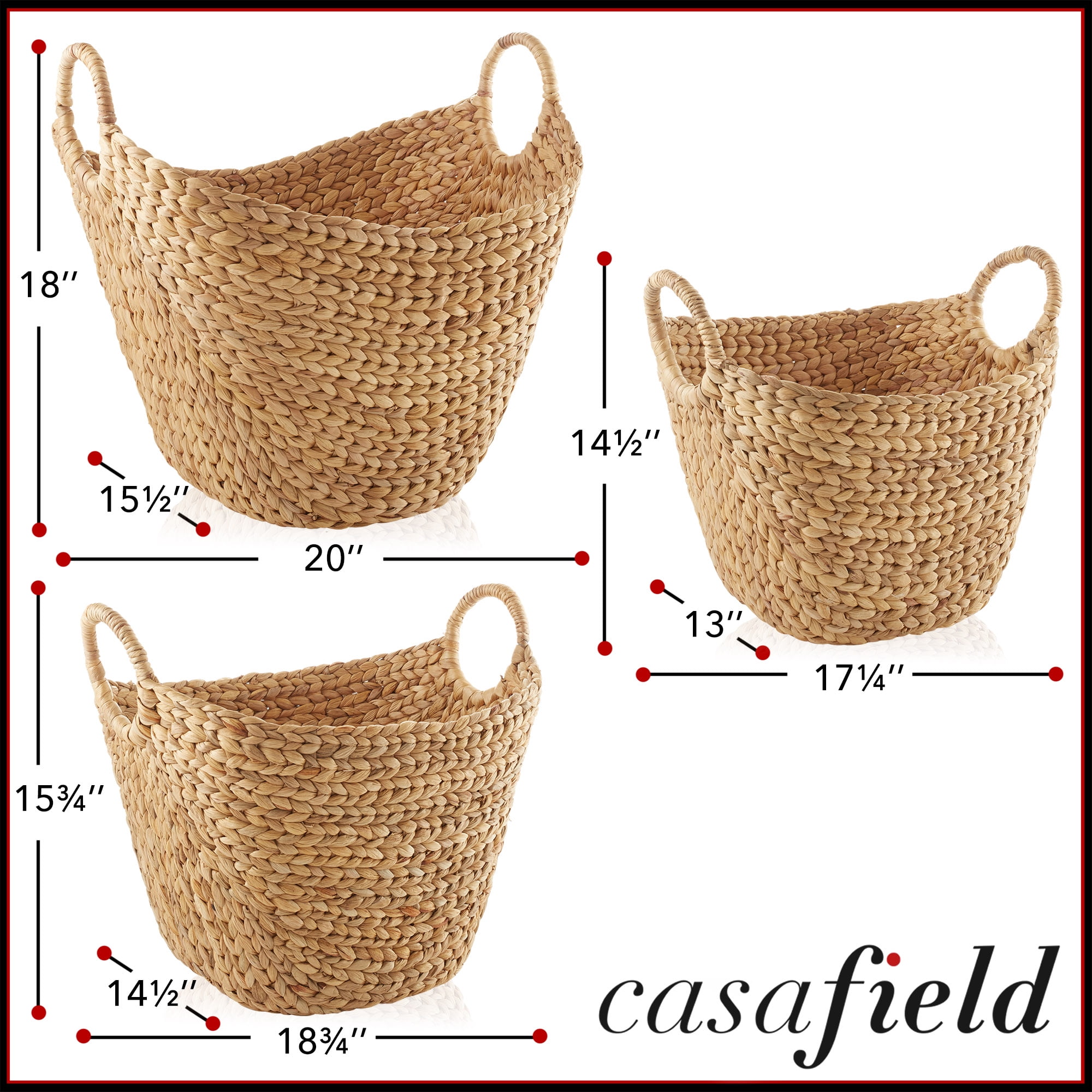 Casafield Set of 3 Boat Baskets with Handles - Natural, Woven Water Hyacinth Storage Organizers for Blankets, Laundry, Bathroom, Bedroom, Living Room