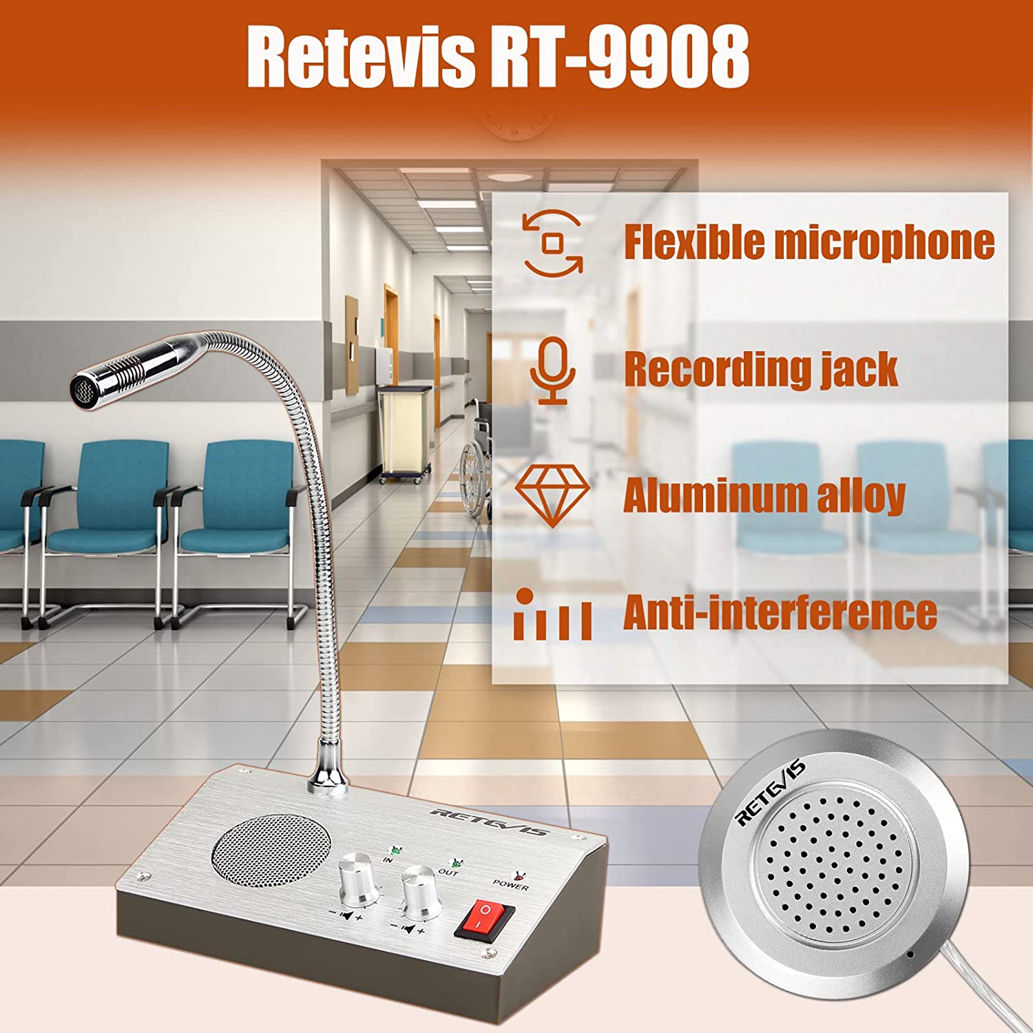 Retevis RT-9908 Wireless Window Intercom Speaker System Loud Speaker,Two  Way Intercom Microphone（Silver，1 Pack）