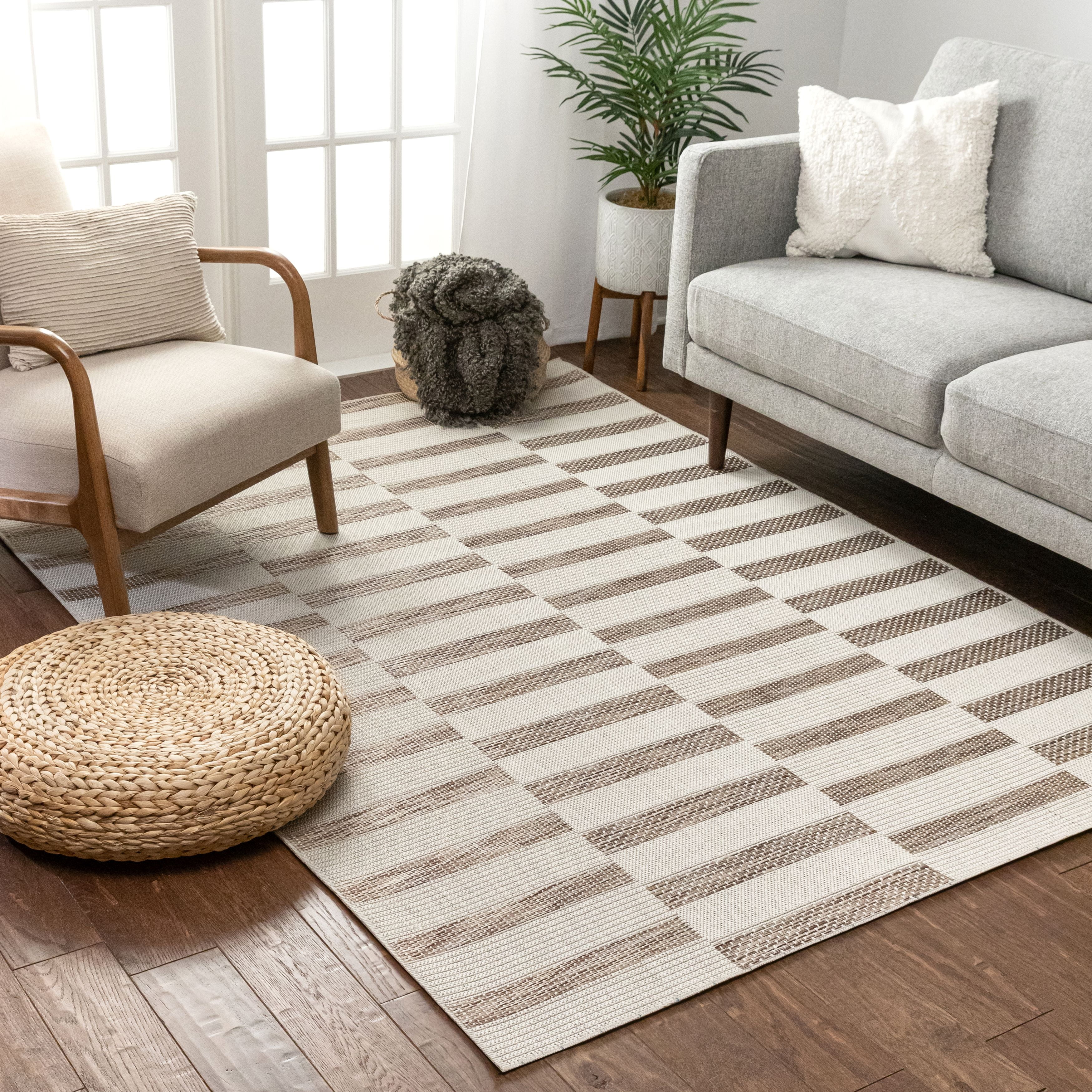 Well Woven Hala Beige Geometric Flatweave Boxes & Stripes Pattern Area