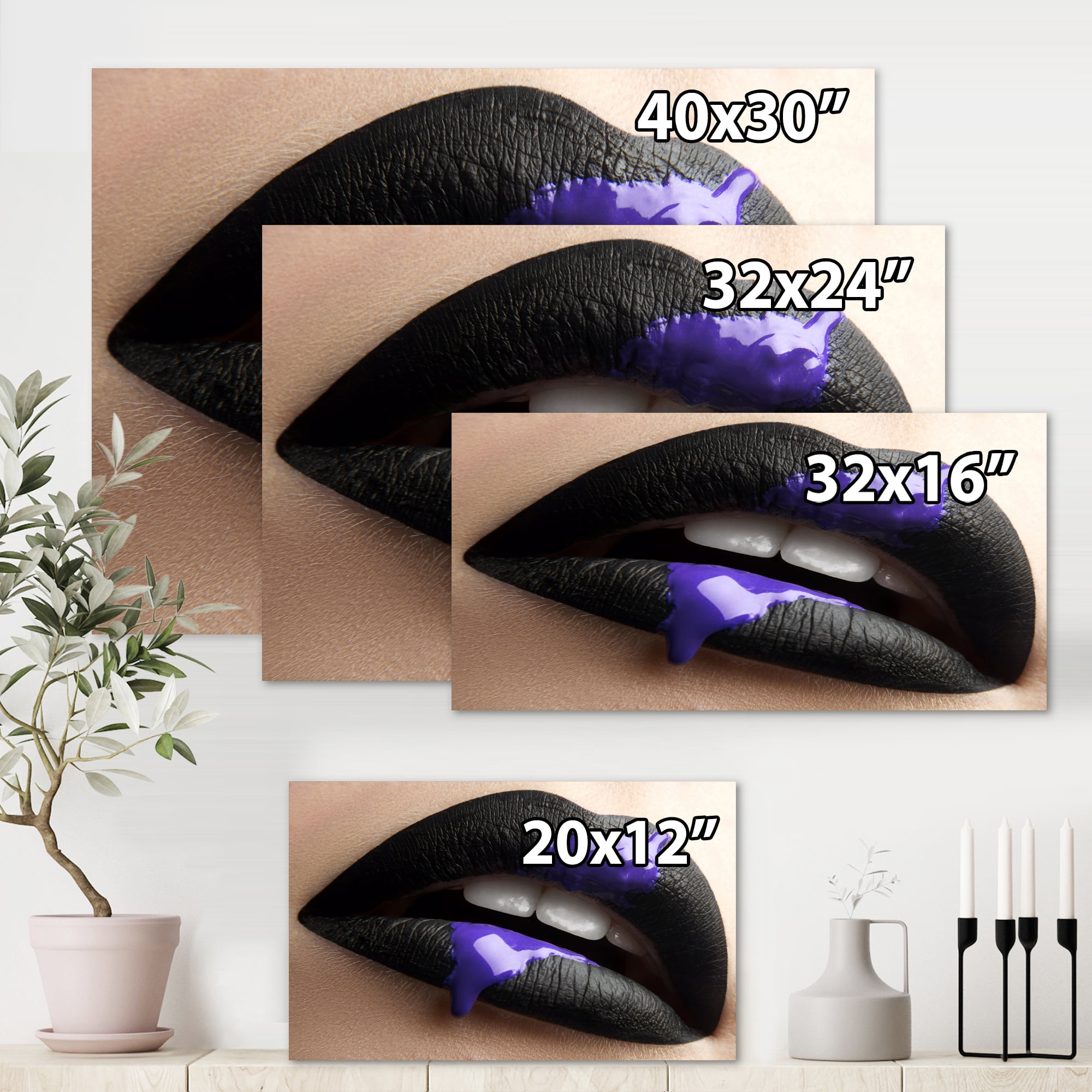 Woman Lips With Black Lipstick & Purple Paint 12 in x 8 in Photography Canvas Art Print, by Designart