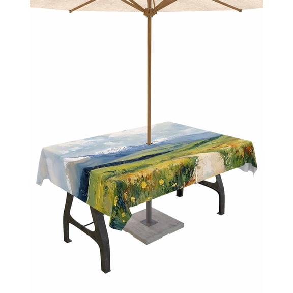 Fsddascl Oil Painting Outdoor Tablecloth - 60x84 Inch Rectangle Dining Table Cover, Modern Mountain Grassland Scenery Waterproof Outdoor Table Cloth with Umbrella Hole & Zipper for Picnic/Patio