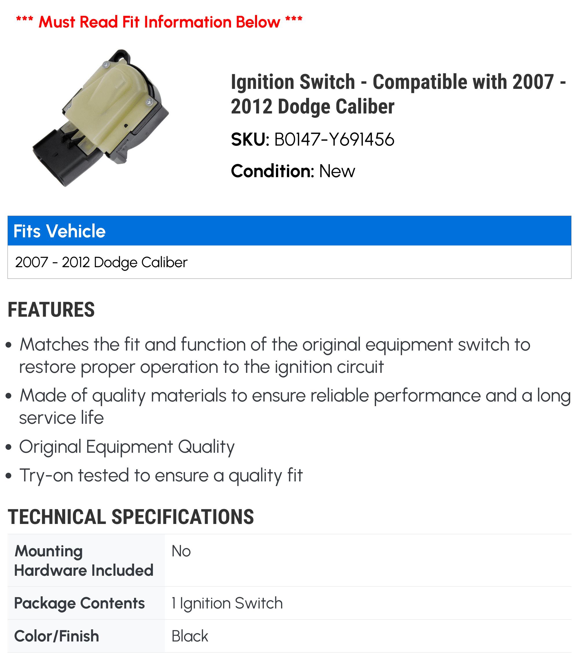 Ignition Switch - Compatible with 2007 - 2012 Dodge Caliber 2008 2009 2010 2011