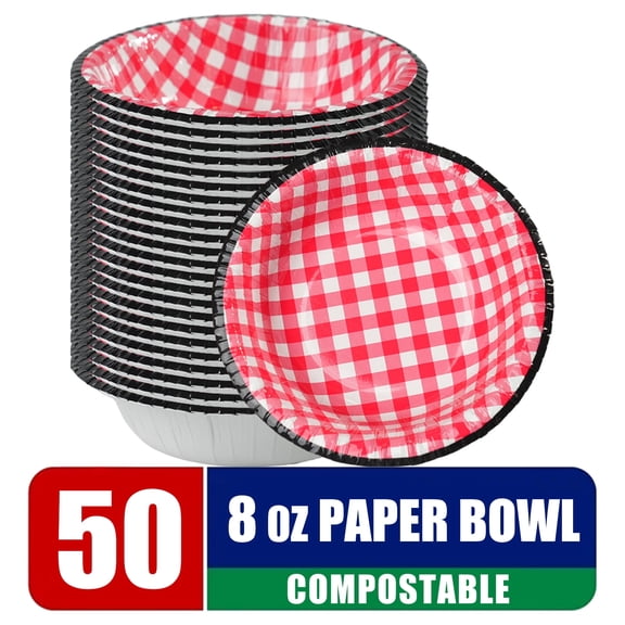 Verdelife 8oz Disposable Paper Bowls Plaid Red & Blue, Microwave Safe, Compostable, for Breakfast, Lunch, Dinner Meals(50 Count)