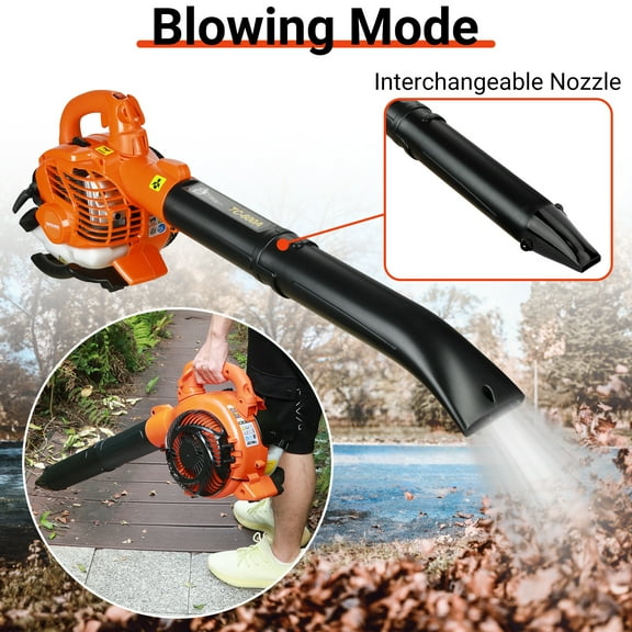 Eonox 26CC 2-Stroke Gas Leaf Blower, 424CFM Handheld Snow Blower/Vacuum with Dual Pipes, Leaf Collection Bag for Yard Cleaning (Orange)