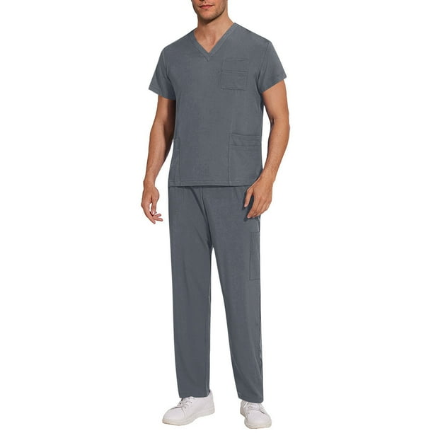 Ceisia Men's Solid Color V-Neck Nurse Uniform Set, Short Sleeve Scrub Top with Elastic Waist Pants for Healthcare Professionals Gray XXL Gifts