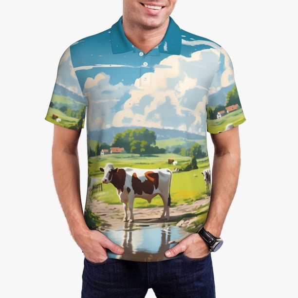Fotbe Countryside Farm Cow Camiseta Polo de Golf para Hombre con Estampado – Camisa Deportiva Transpirable con Cuello Abotonado-Medium