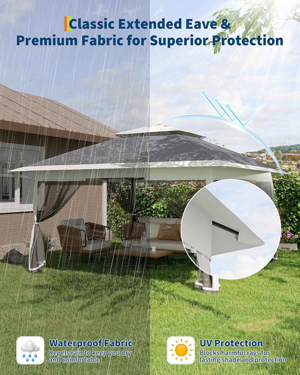 Canopy Tent 12x12 Ft, Pop Up Gazebo One-Push Setup with 4 SandBags for Backyard Parties and BBQs, Mosquito Netting & Height Adjustable - Grey